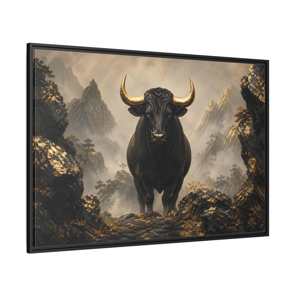 Side Mockup 12. Animals Bull Black And Gold Bull shown as stretched canvas wall art