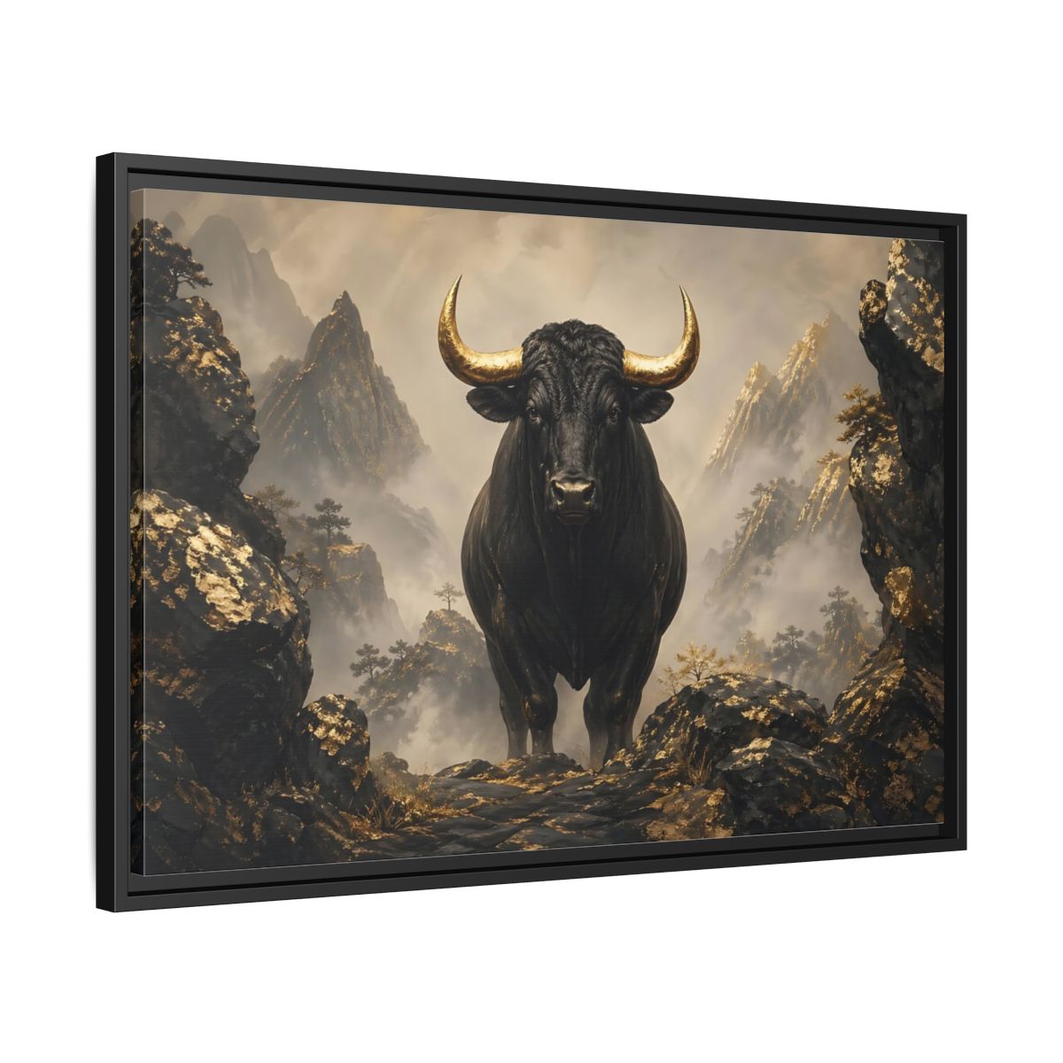 Side Mockup 14. Animals Bull Black And Gold Bull shown as stretched canvas wall art