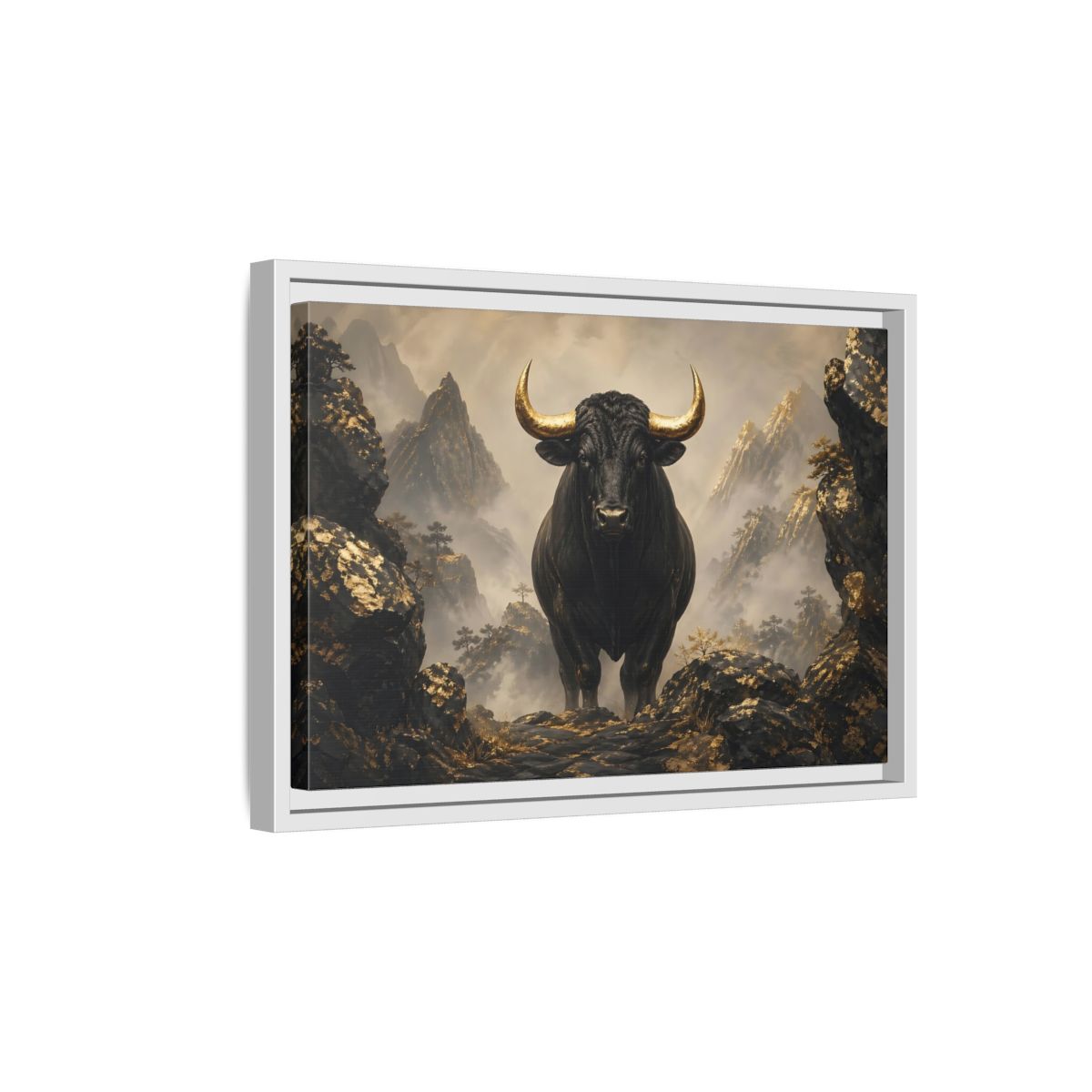Side Mockup 4. Animals Bull Black And Gold Bull shown as stretched canvas wall art
