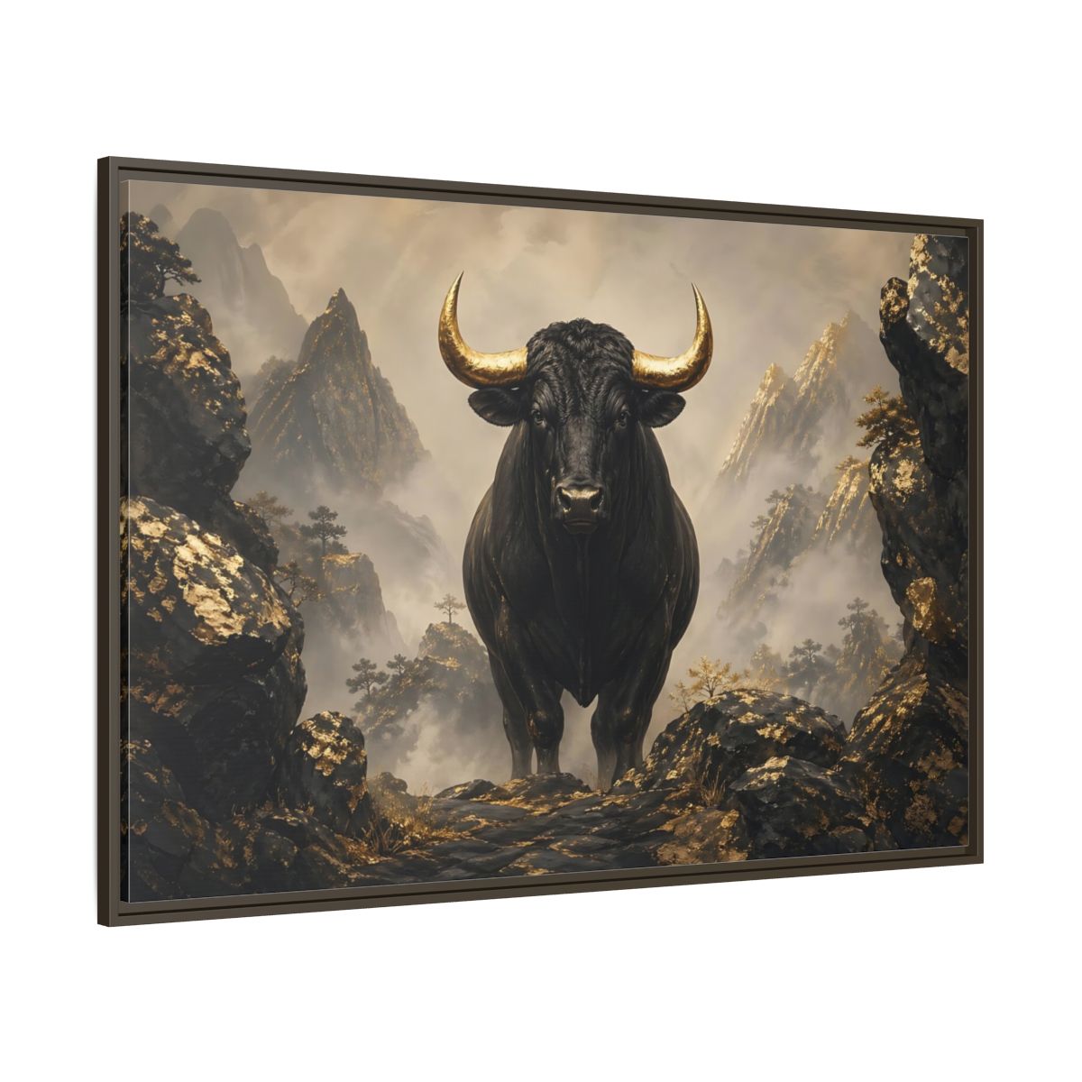 Side Mockup 8. Animals Bull Black And Gold Bull shown as stretched canvas wall art