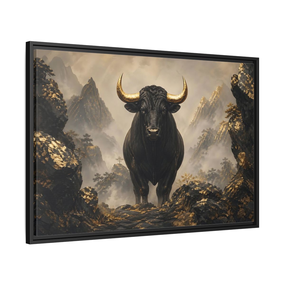 Side Mockup 13. Animals Bull Black And Gold Bull shown as stretched canvas wall art
