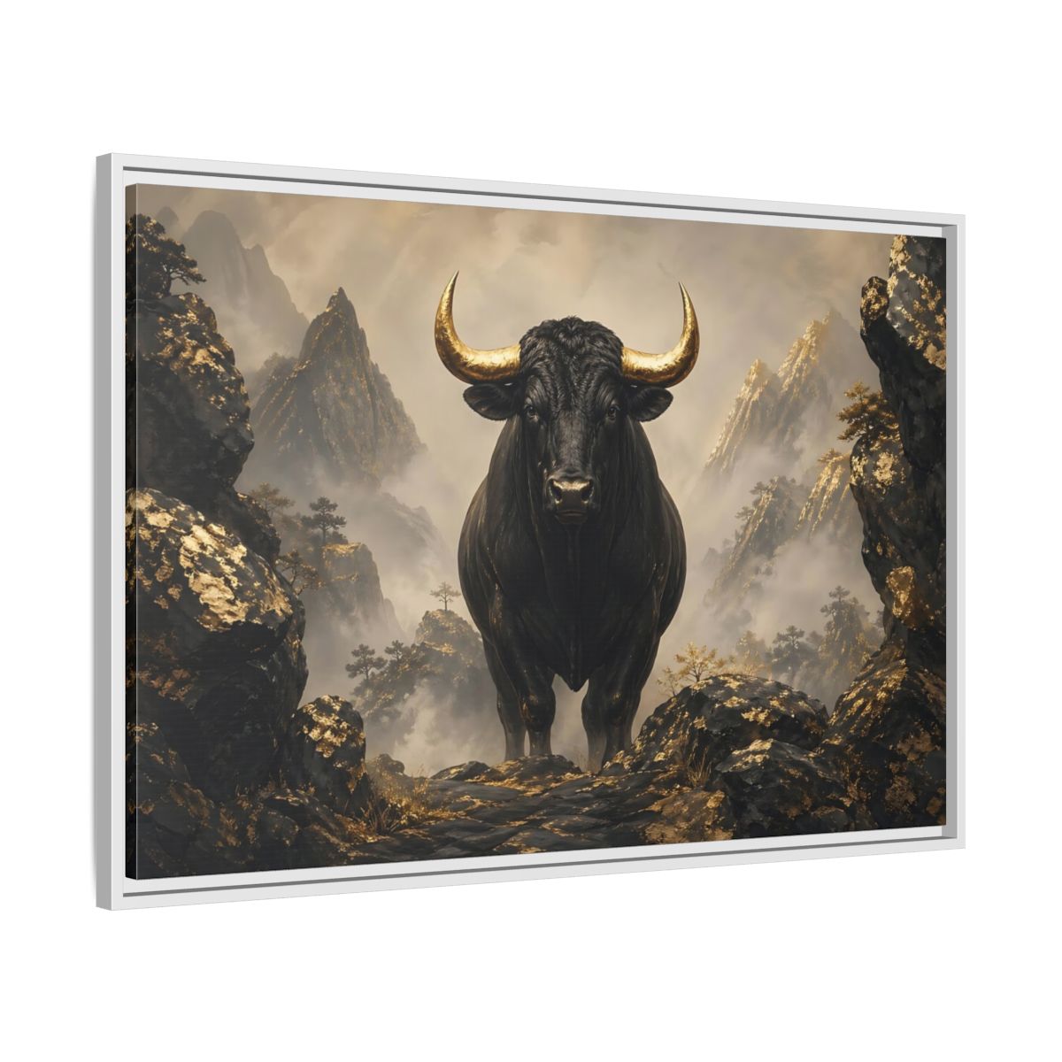 Side Mockup 9. Animals Bull Black And Gold Bull shown as stretched canvas wall art