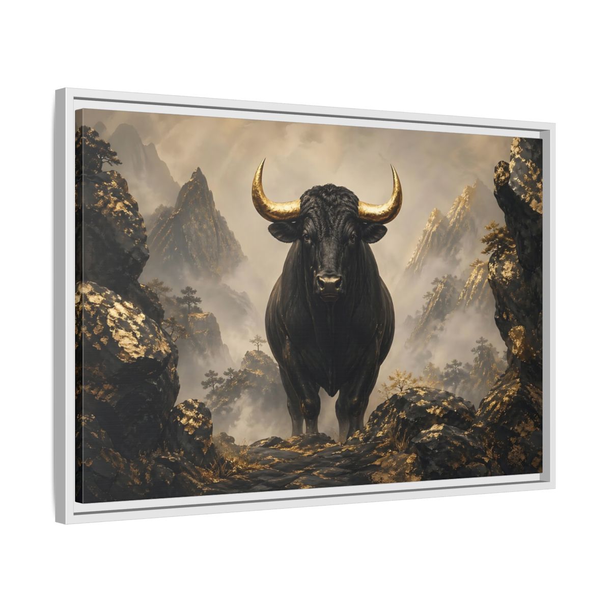 Side Mockup 10. Animals Bull Black And Gold Bull shown as stretched canvas wall art