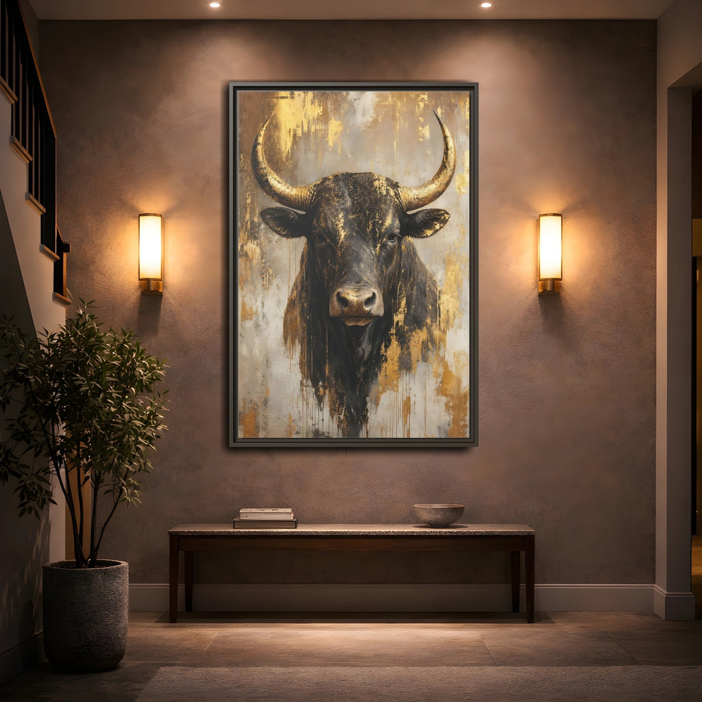 Mockup 2. Animals Bull Black And Gold shown as stretched canvas wall art