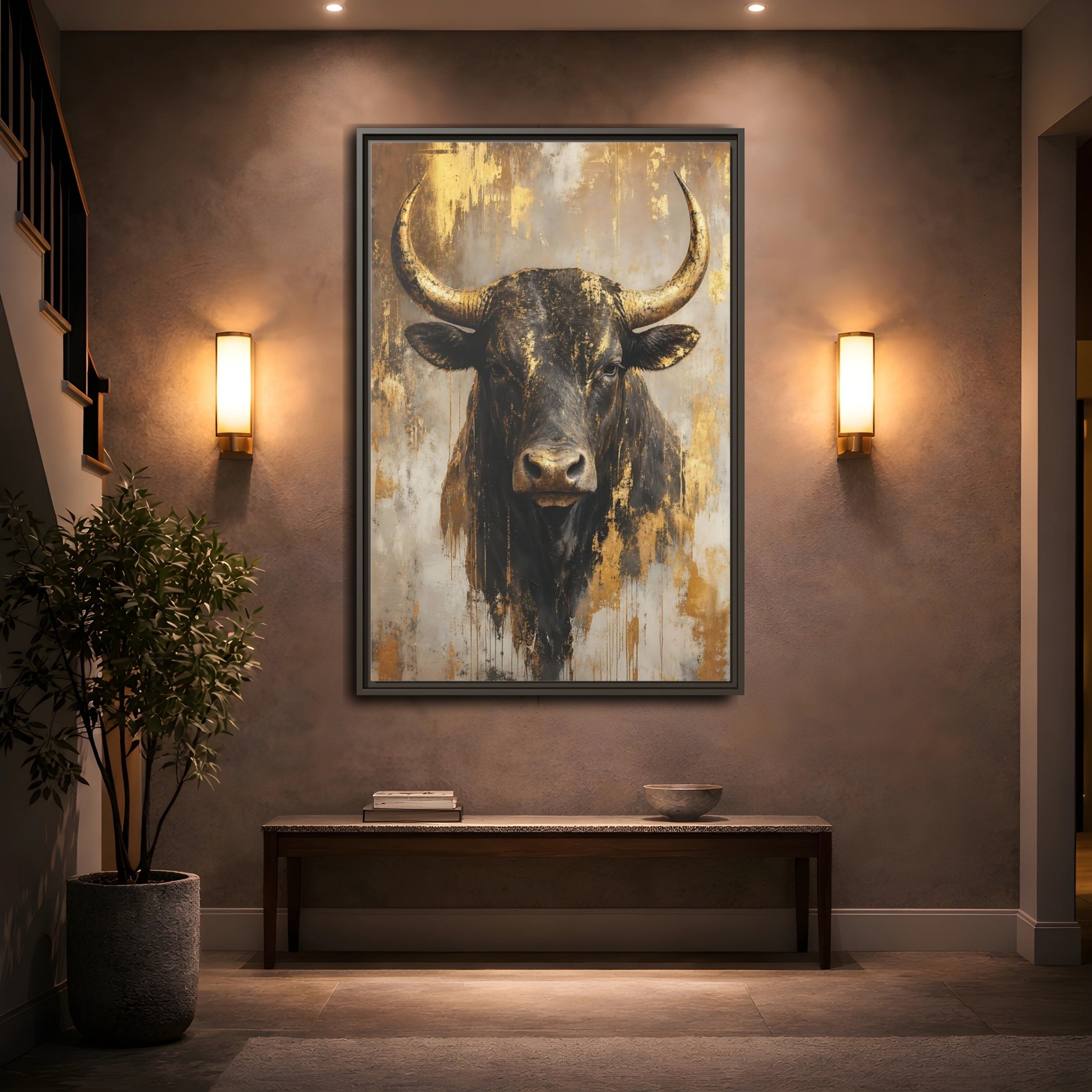 Mockup 2. Animals Bull Black And Gold shown as stretched canvas wall art