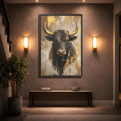 Mockup 2. Animals Bull Black And Gold shown as stretched canvas wall art