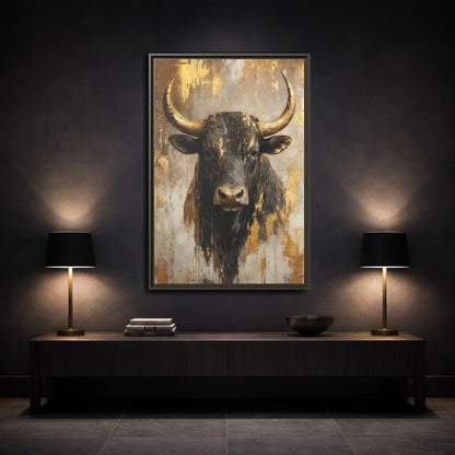 Mockup 3. Animals Bull Black And Gold shown as stretched canvas wall art