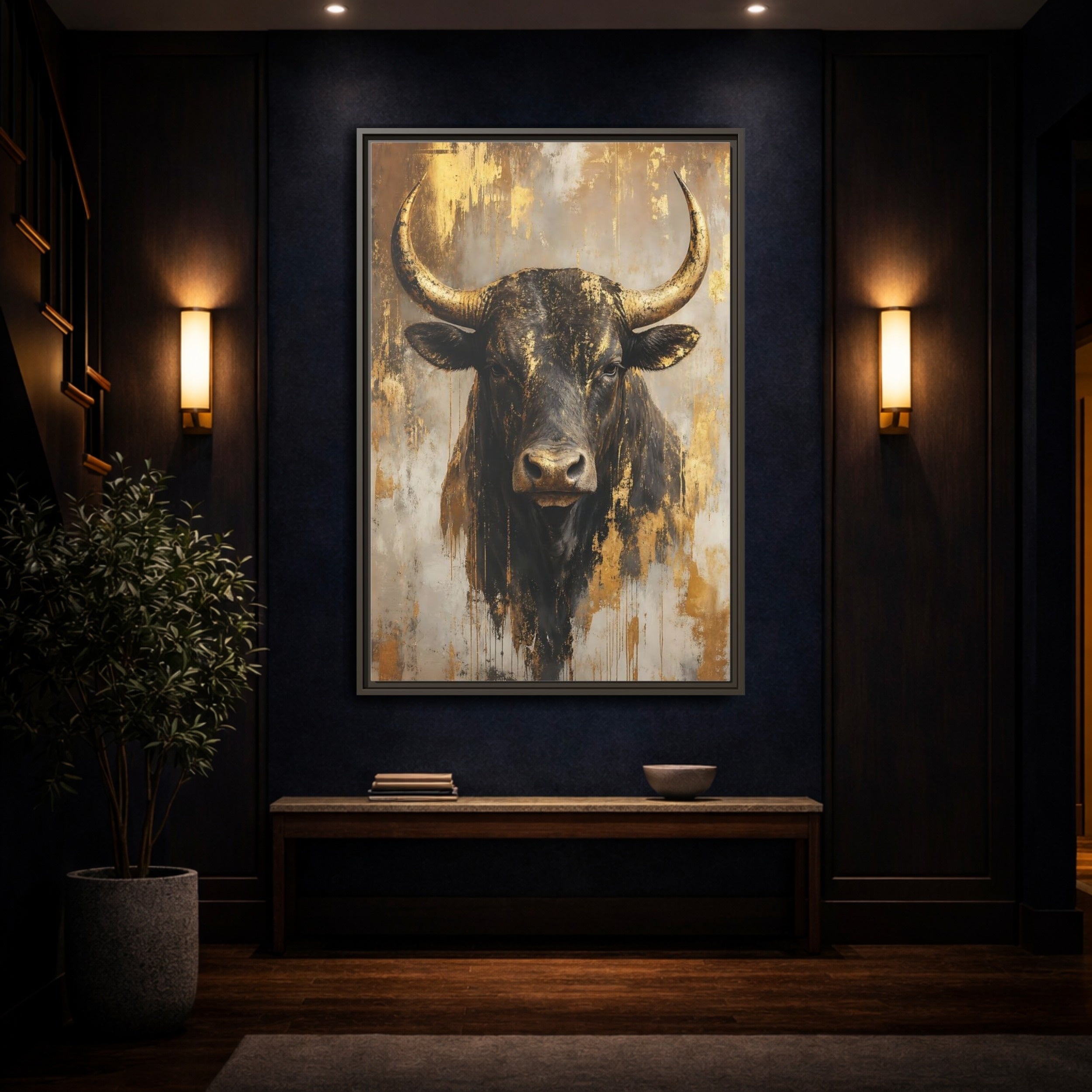 Mockup 4. Animals Bull Black And Gold shown as stretched canvas wall art