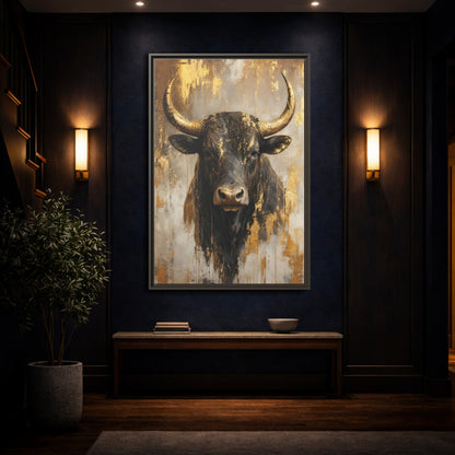 Mockup 4. Animals Bull Black And Gold shown as stretched canvas wall art