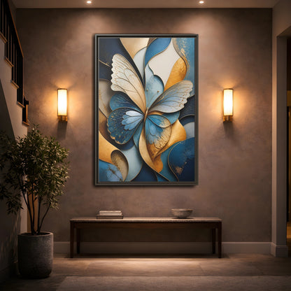 Animals Butterfly Blue Gold Framed Canvas Wall Art - Living Room Decor shown as canvas wall art