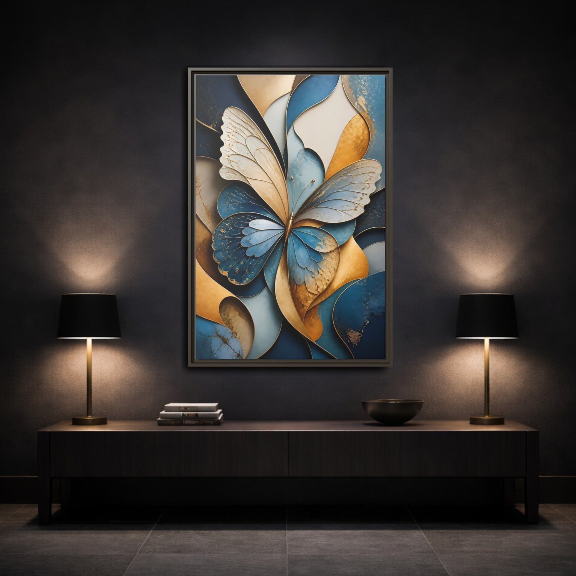 Animals Butterfly Blue Gold Framed Canvas Wall Art - Living Room Decor shown as canvas wall art