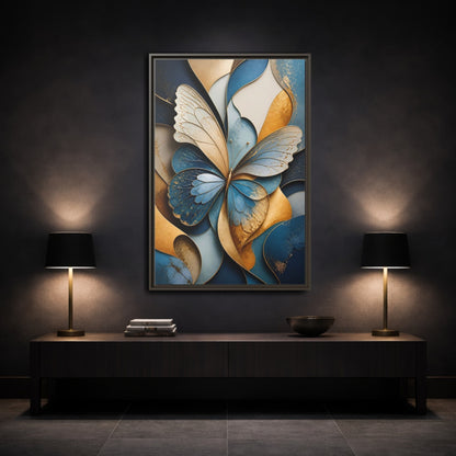 Animals Butterfly Blue Gold Framed Canvas Wall Art - Living Room Decor shown as canvas wall art