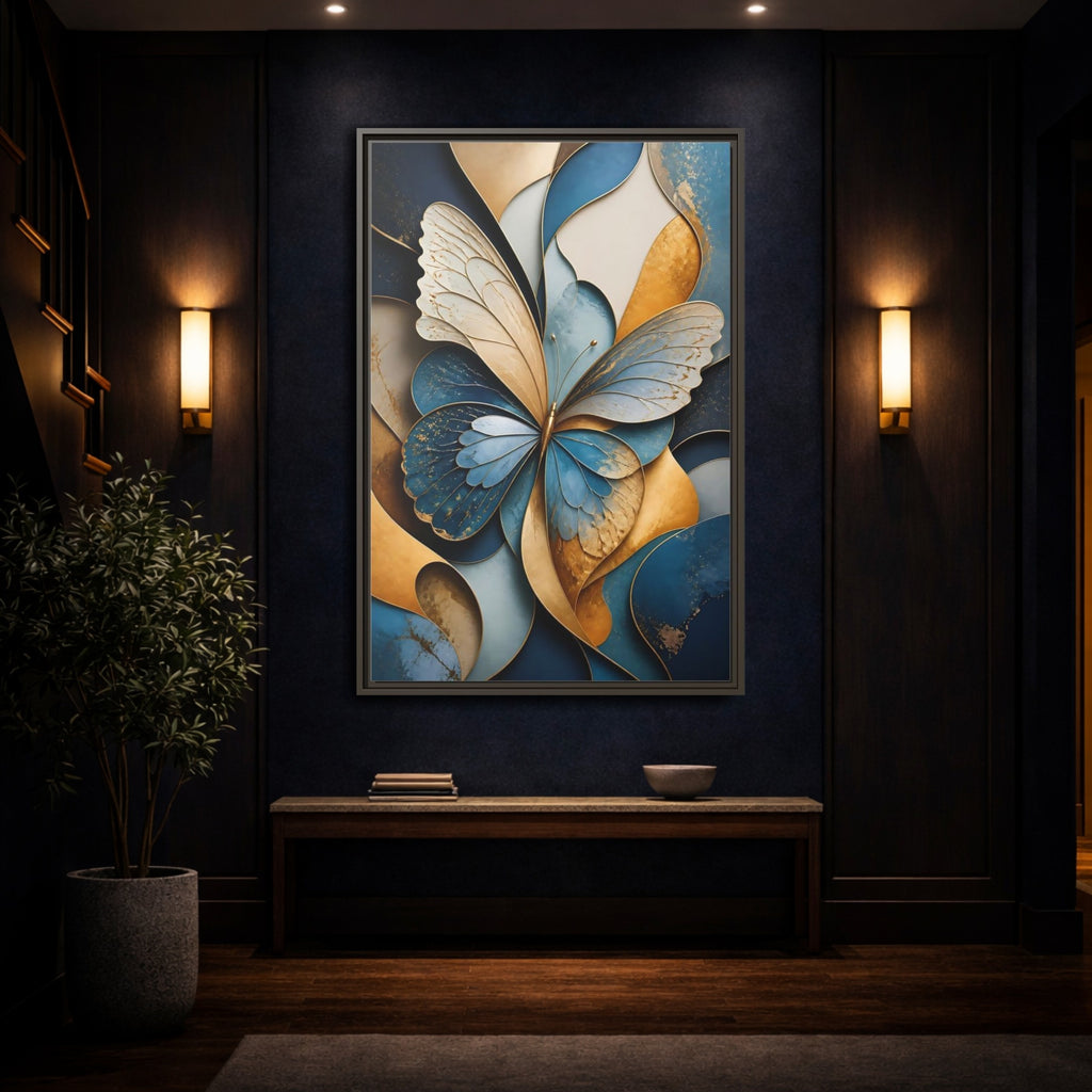 Mockup 4. Animals Butterfly Blue Gold Butterfly shown as stretched canvas wall art