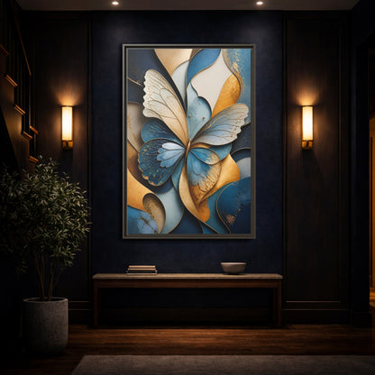 Animals Butterfly Blue Gold Framed Canvas Wall Art - Living Room Decor shown as canvas wall art