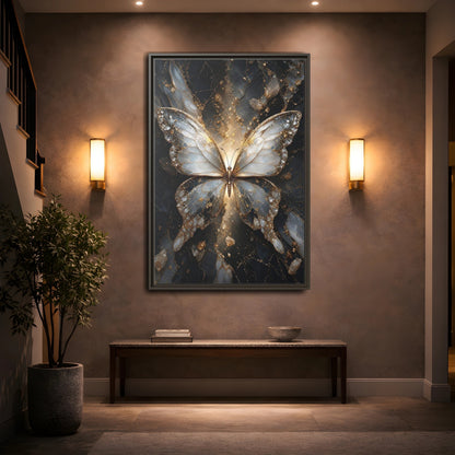 Mockup 2. Animals Butterfly Gold And Gray Butterfly shown as stretched canvas wall art