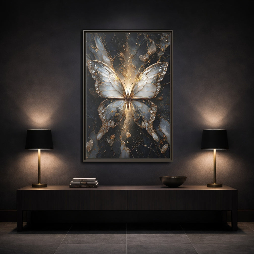 Mockup 3. Animals Butterfly Gold And Gray Butterfly shown as stretched canvas wall art