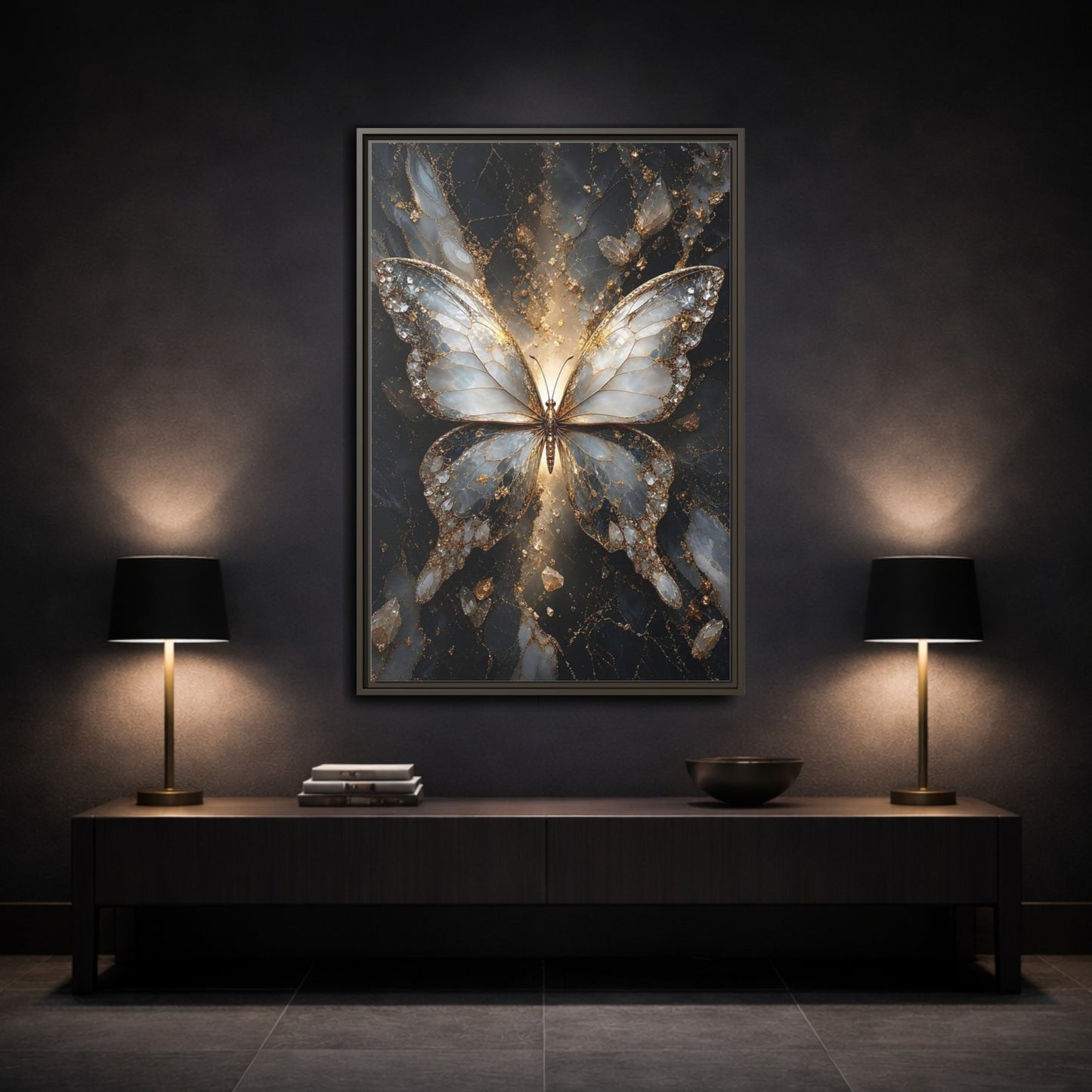Mockup 3. Animals Butterfly Gold And Gray Butterfly shown as stretched canvas wall art