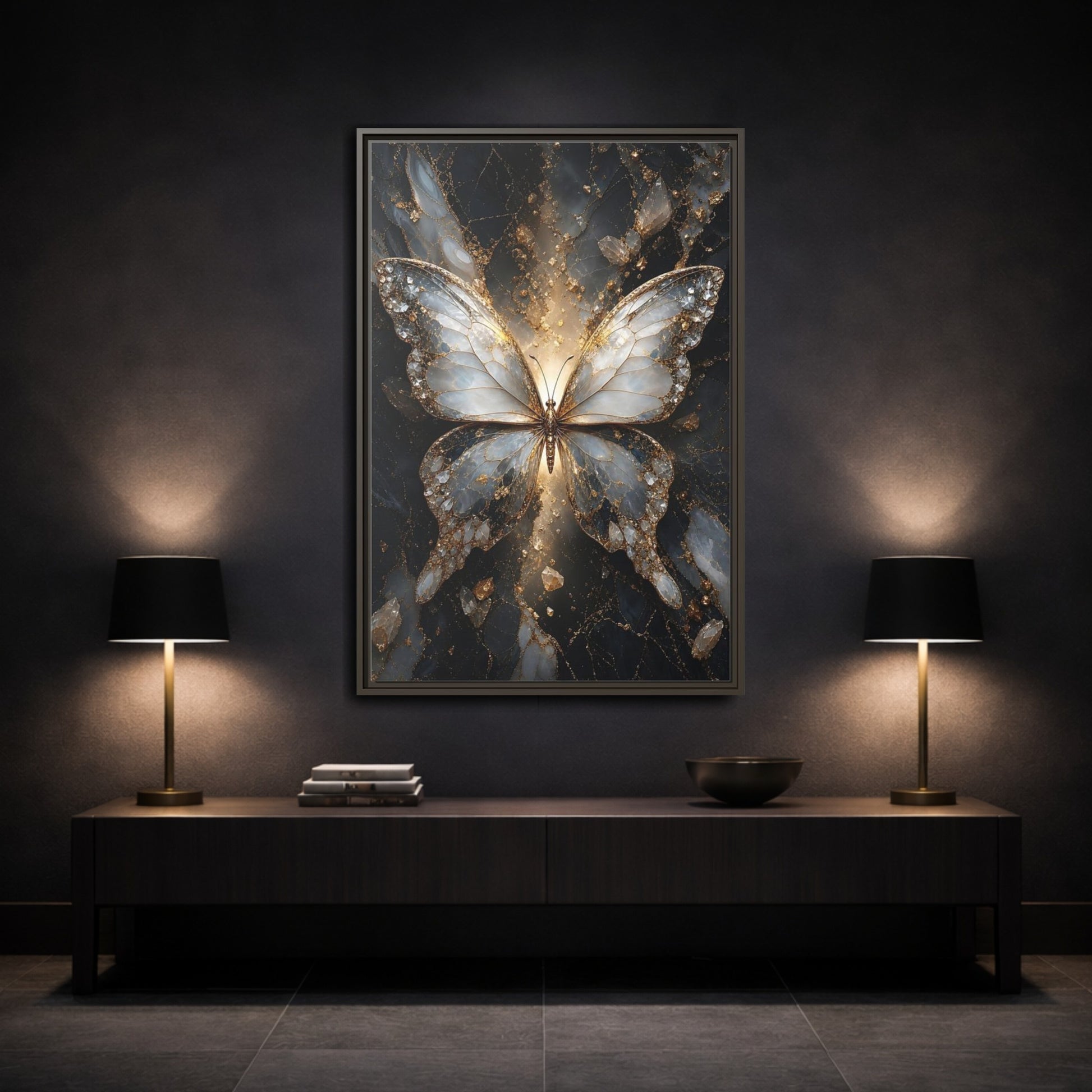Mockup 3. Animals Butterfly Gold And Gray Butterfly shown as stretched canvas wall art
