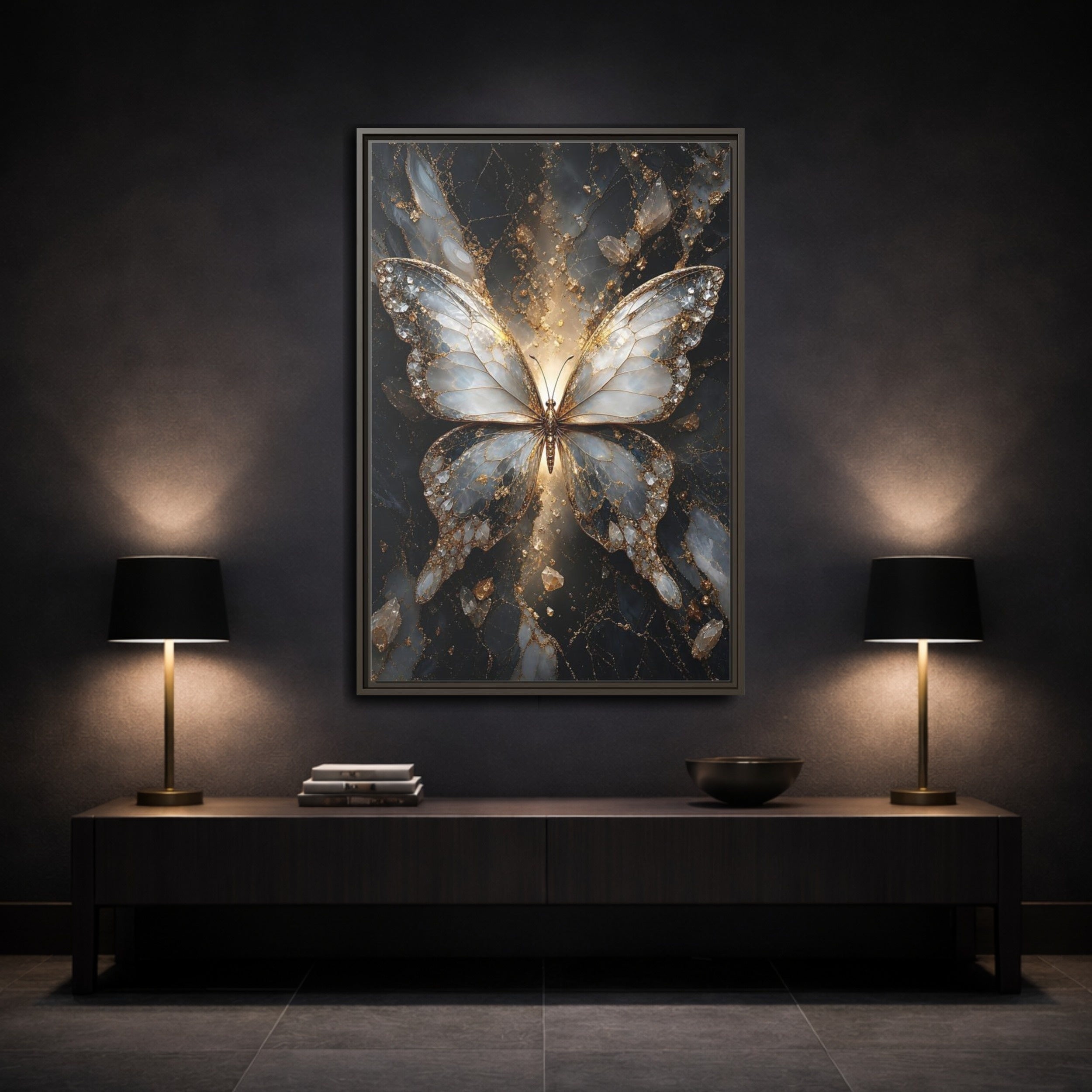 Mockup 3. Animals Butterfly Gold And Gray Butterfly shown as stretched canvas wall art