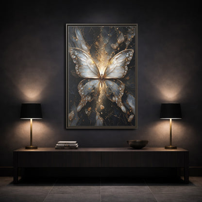 Mockup 3. Animals Butterfly Gold And Gray Butterfly shown as stretched canvas wall art