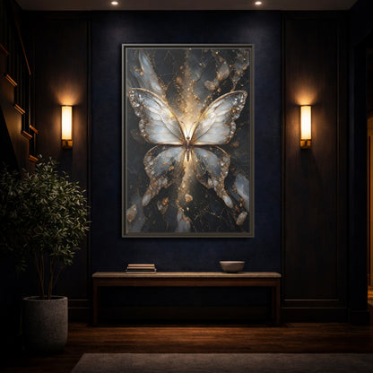 Mockup 4. Animals Butterfly Gold And Gray Butterfly shown as stretched canvas wall art