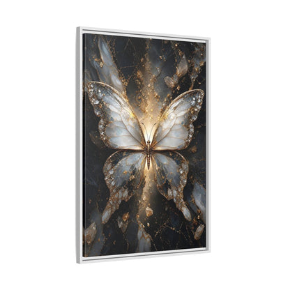 Side Mockup 9. Animals Butterfly Gold And Gray Butterfly shown as stretched canvas wall art