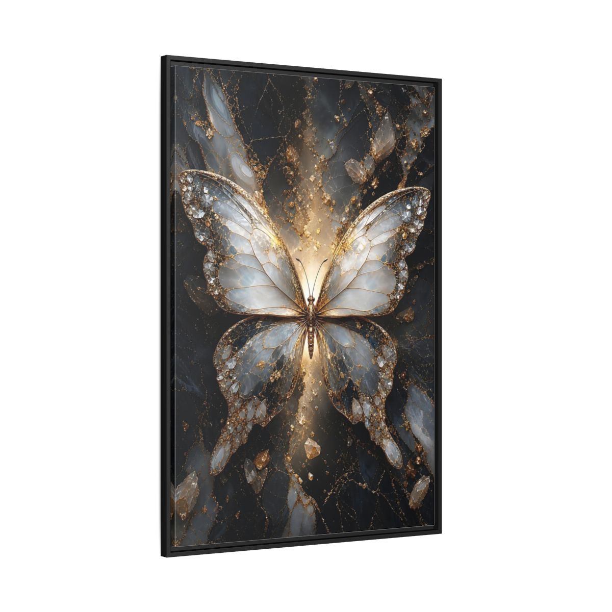 Side Mockup 12. Animals Butterfly Gold And Gray Butterfly shown as stretched canvas wall art