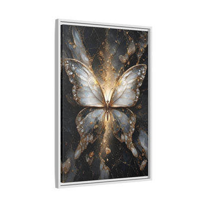 Side Mockup 10. Animals Butterfly Gold And Gray Butterfly shown as stretched canvas wall art