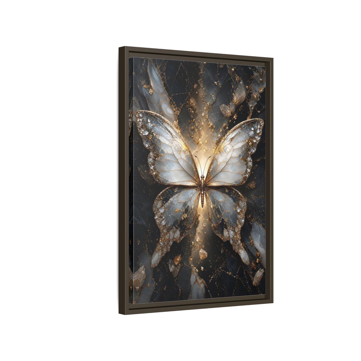 Side Mockup 2. Animals Butterfly Gold And Gray Butterfly shown as stretched canvas wall art