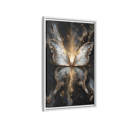 Side Mockup 1. Animals Butterfly Gold And Gray Butterfly shown as stretched canvas wall art