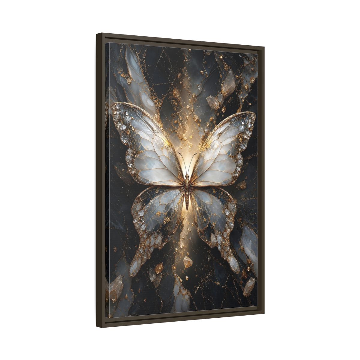 Side Mockup 11. Animals Butterfly Gold And Gray Butterfly shown as stretched canvas wall art