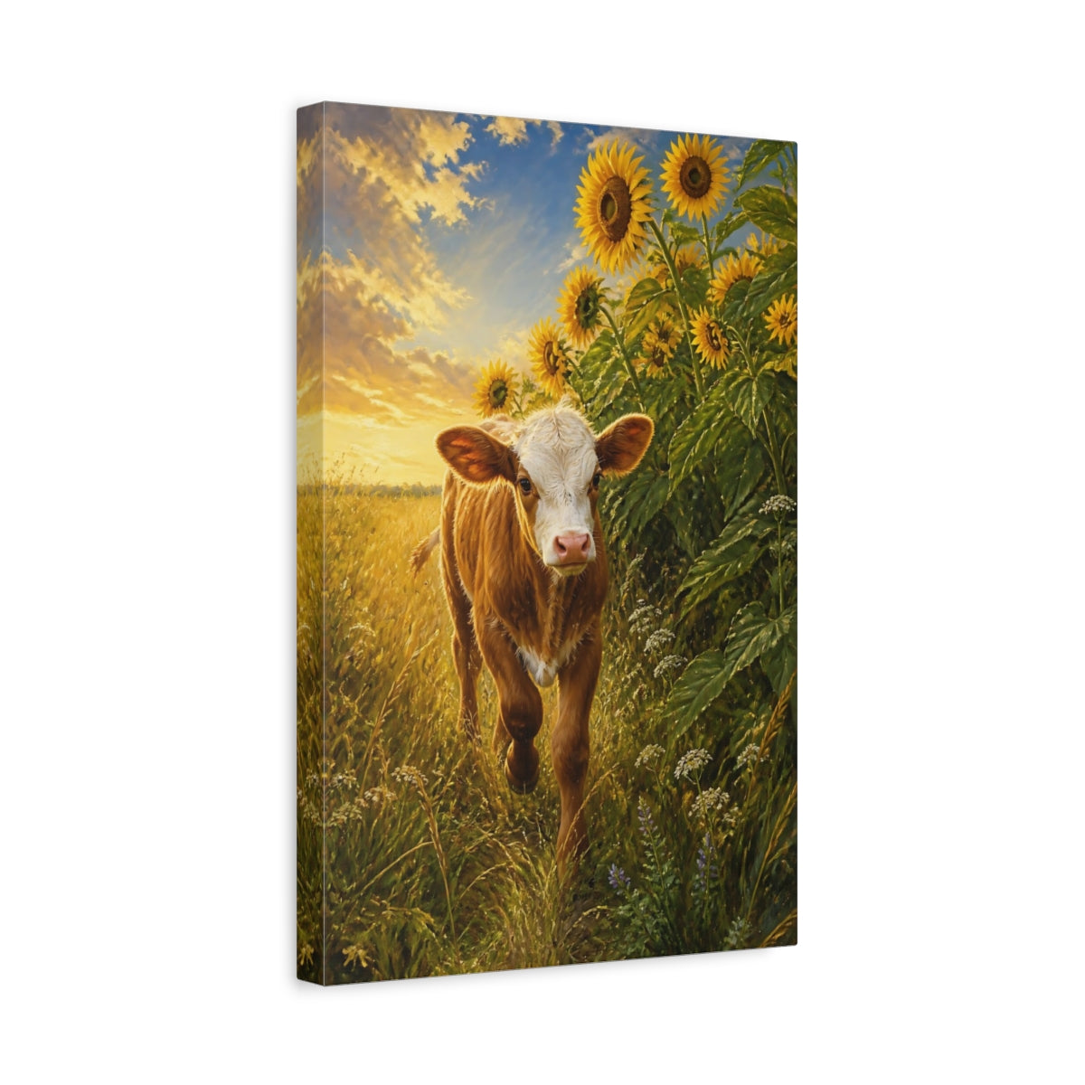 Side Mockup 4. Animals Calf In Sunflower Field shown as canvas print