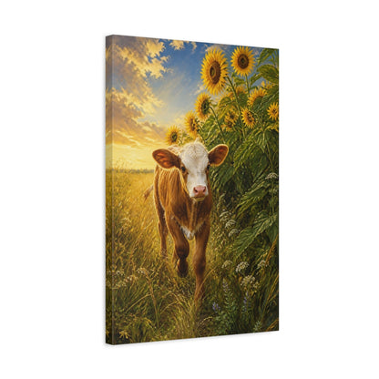 Side Mockup 3. Animals Calf In Sunflower Field shown as canvas print