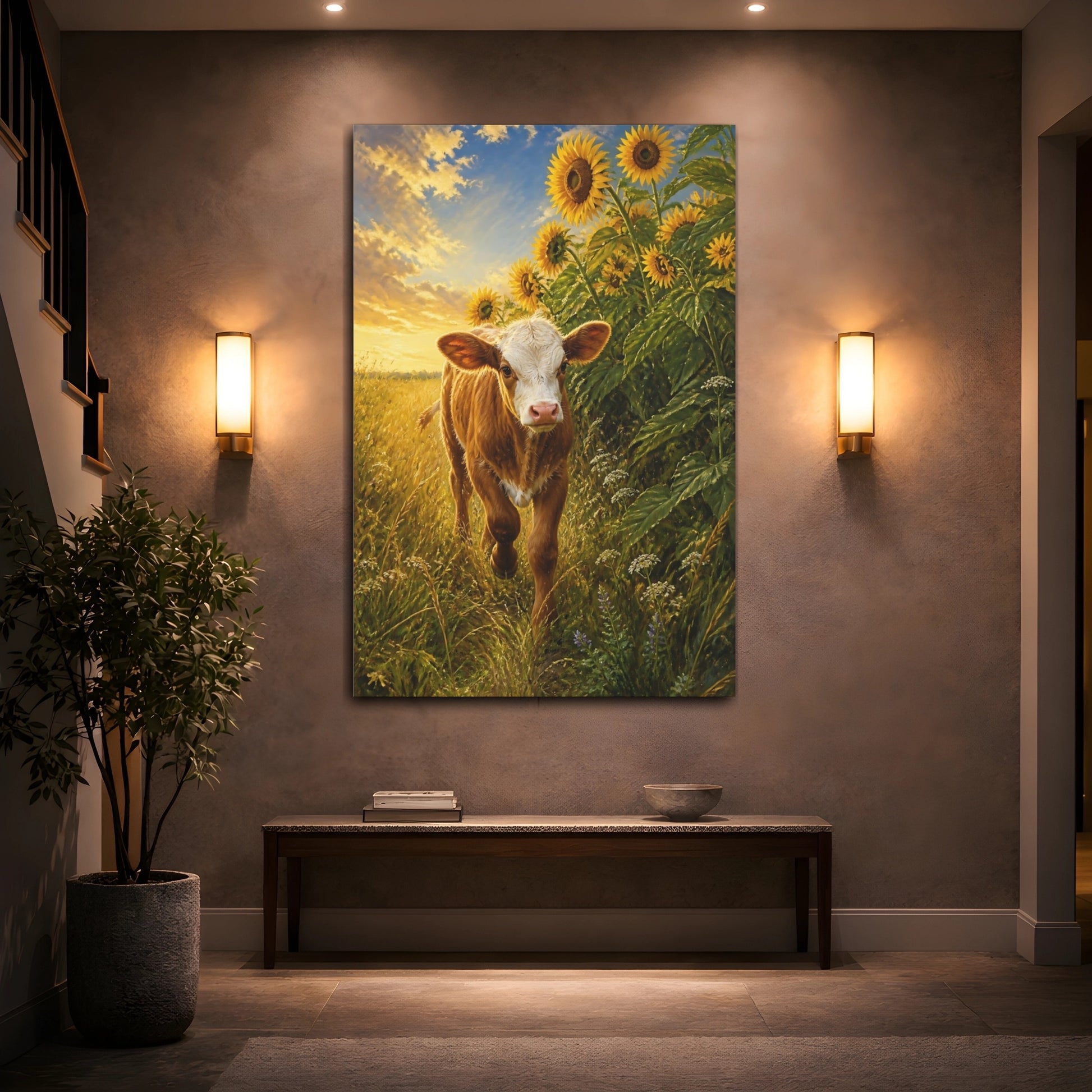 Mockup 2. Animals Calf In Sunflower Field shown as canvas print