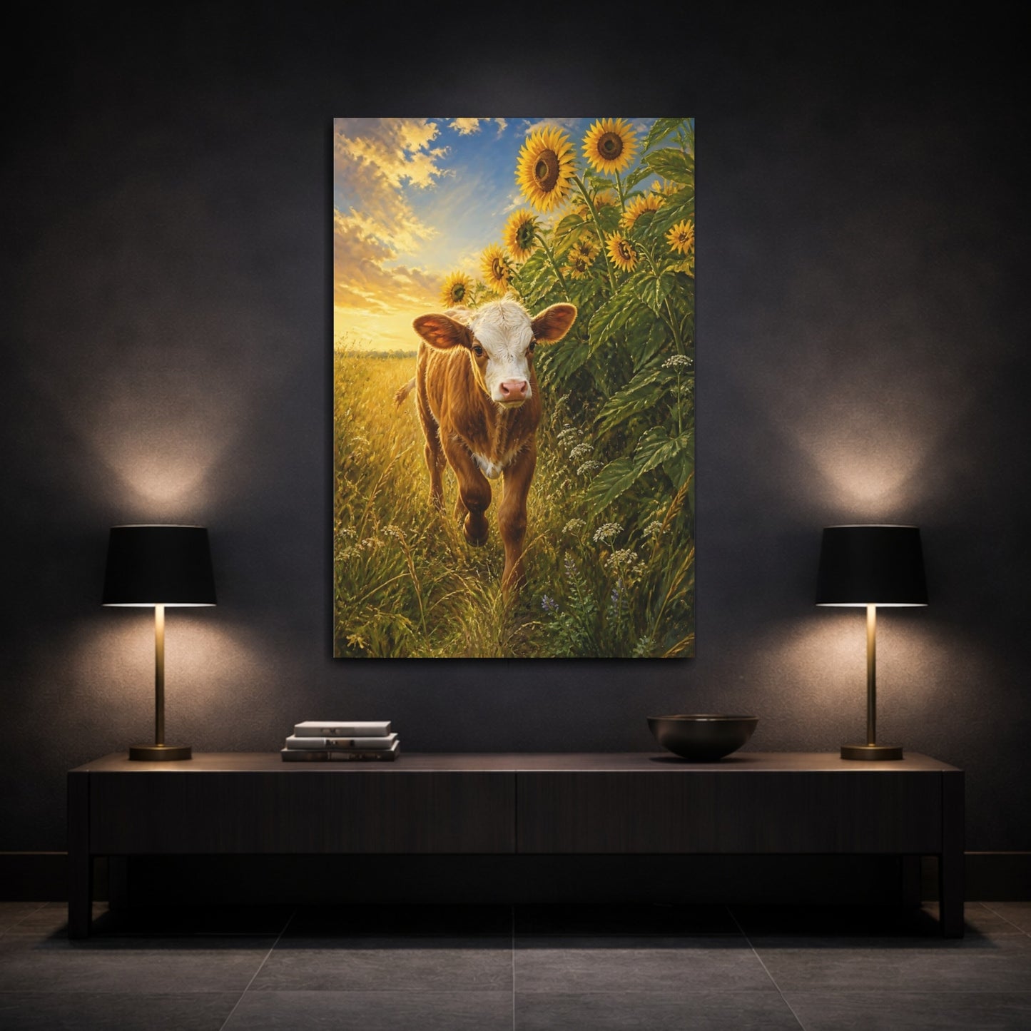 Mockup 3. Animals Calf In Sunflower Field shown as canvas print