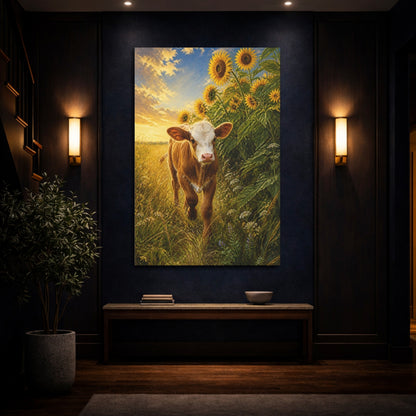 Mockup 4. Animals Calf In Sunflower Field shown as canvas print