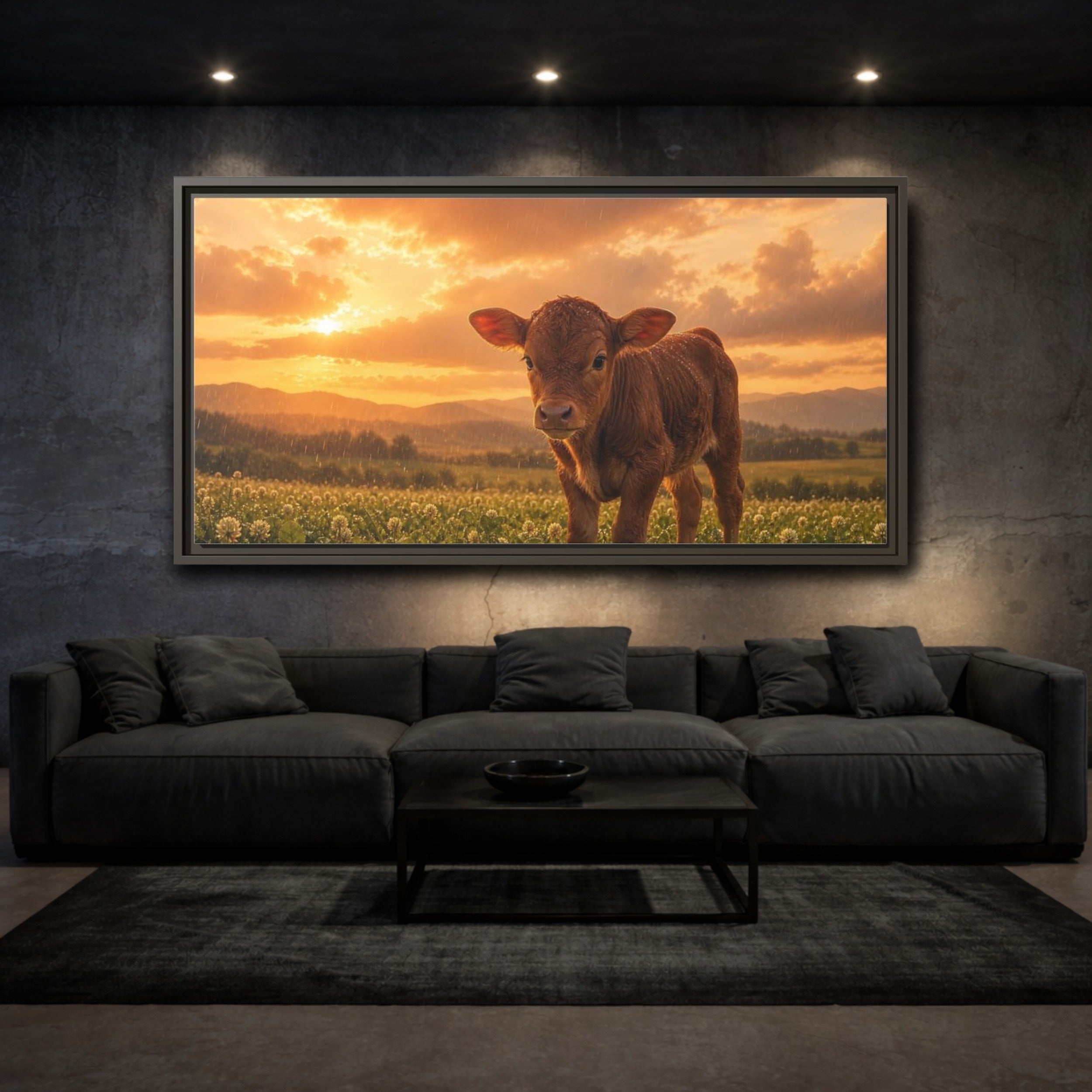 Mockup 3. Animals Calf Sunset Calf shown as stretched canvas wall art
