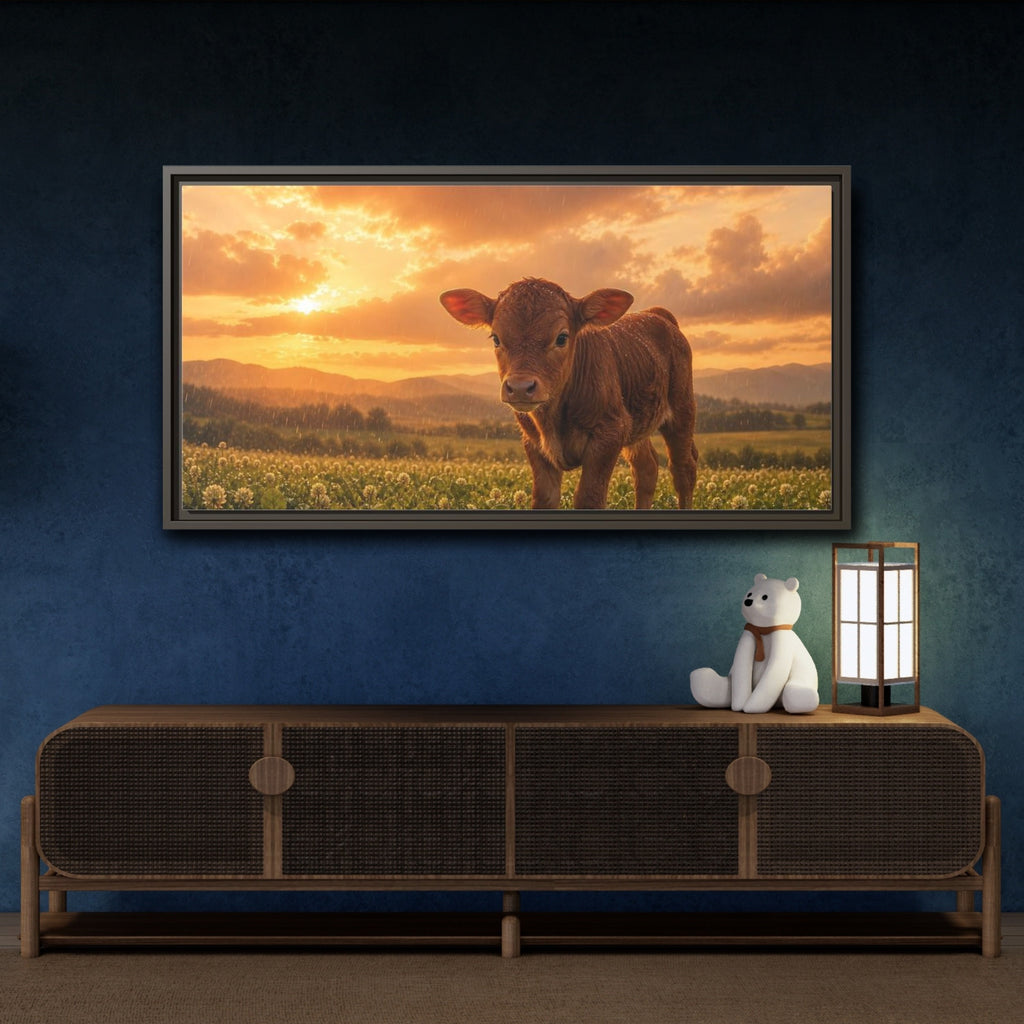 Mockup 4. Animals Calf Sunset Calf shown as stretched canvas wall art