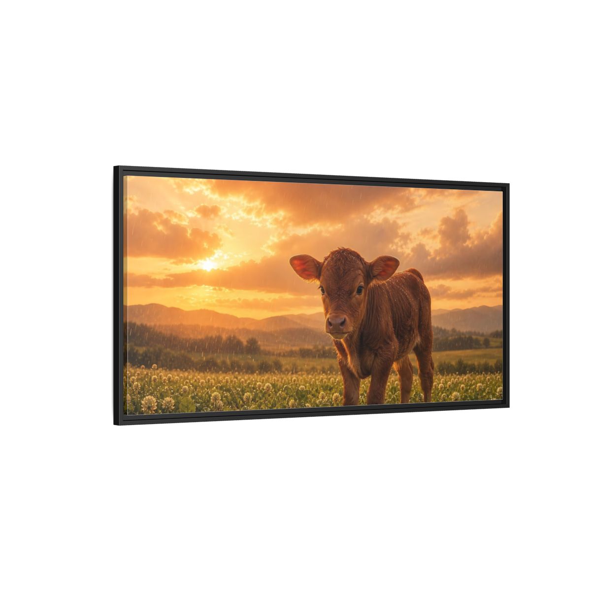 Side Mockup 5. Animals Calf Sunset Calf shown as stretched canvas wall art