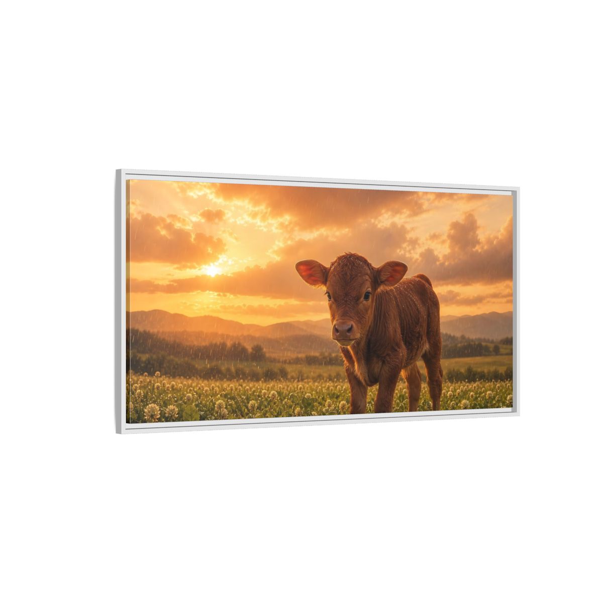 Side Mockup 3. Animals Calf Sunset Calf shown as stretched canvas wall art
