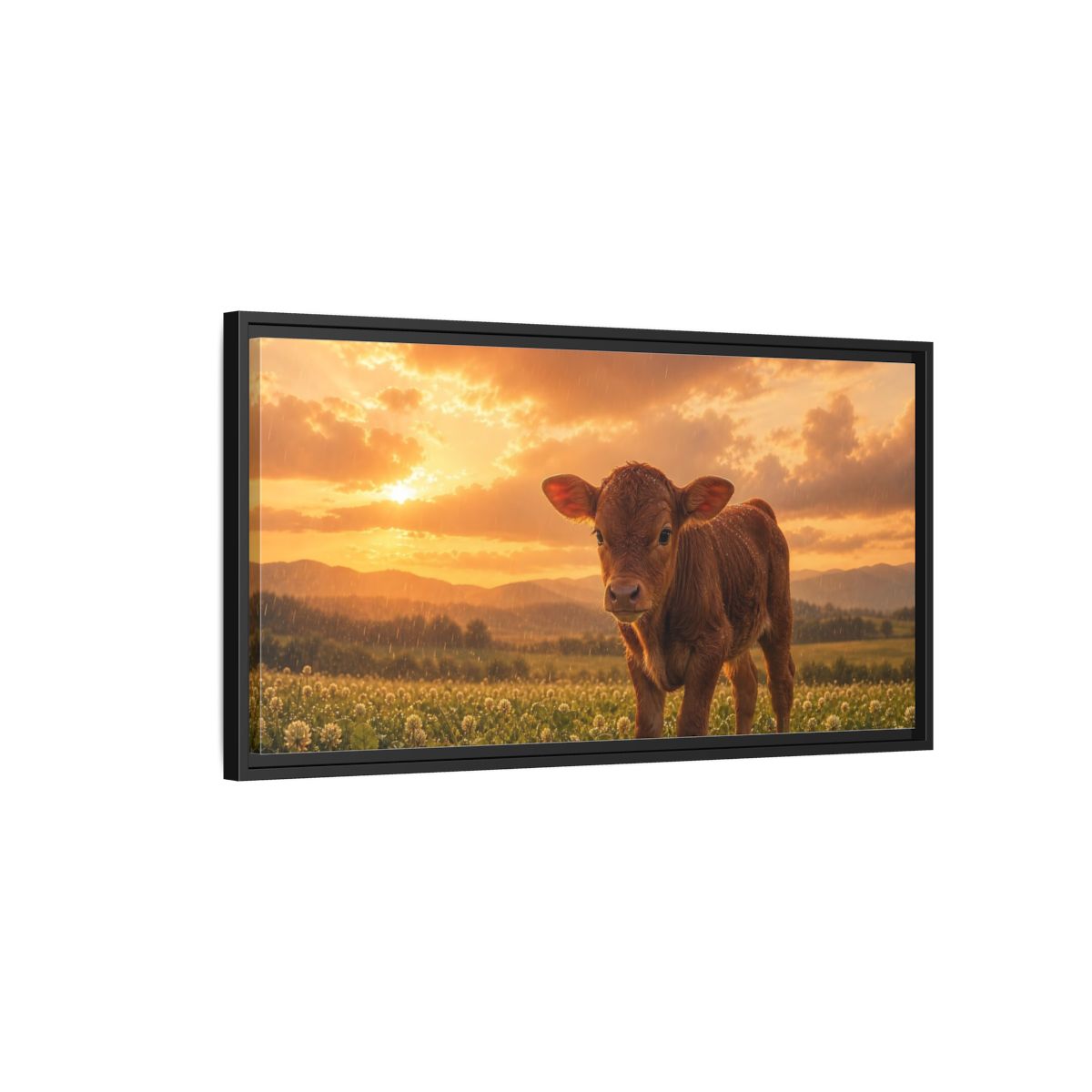 Side Mockup 2. Animals Calf Sunset Calf shown as stretched canvas wall art