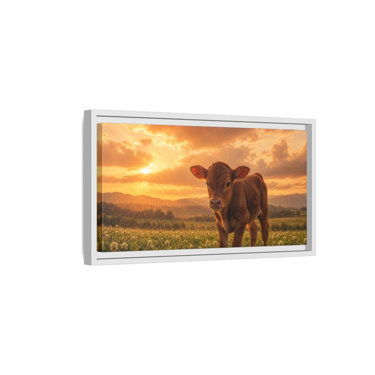 Side Mockup 6. Animals Calf Sunset Calf shown as stretched canvas wall art