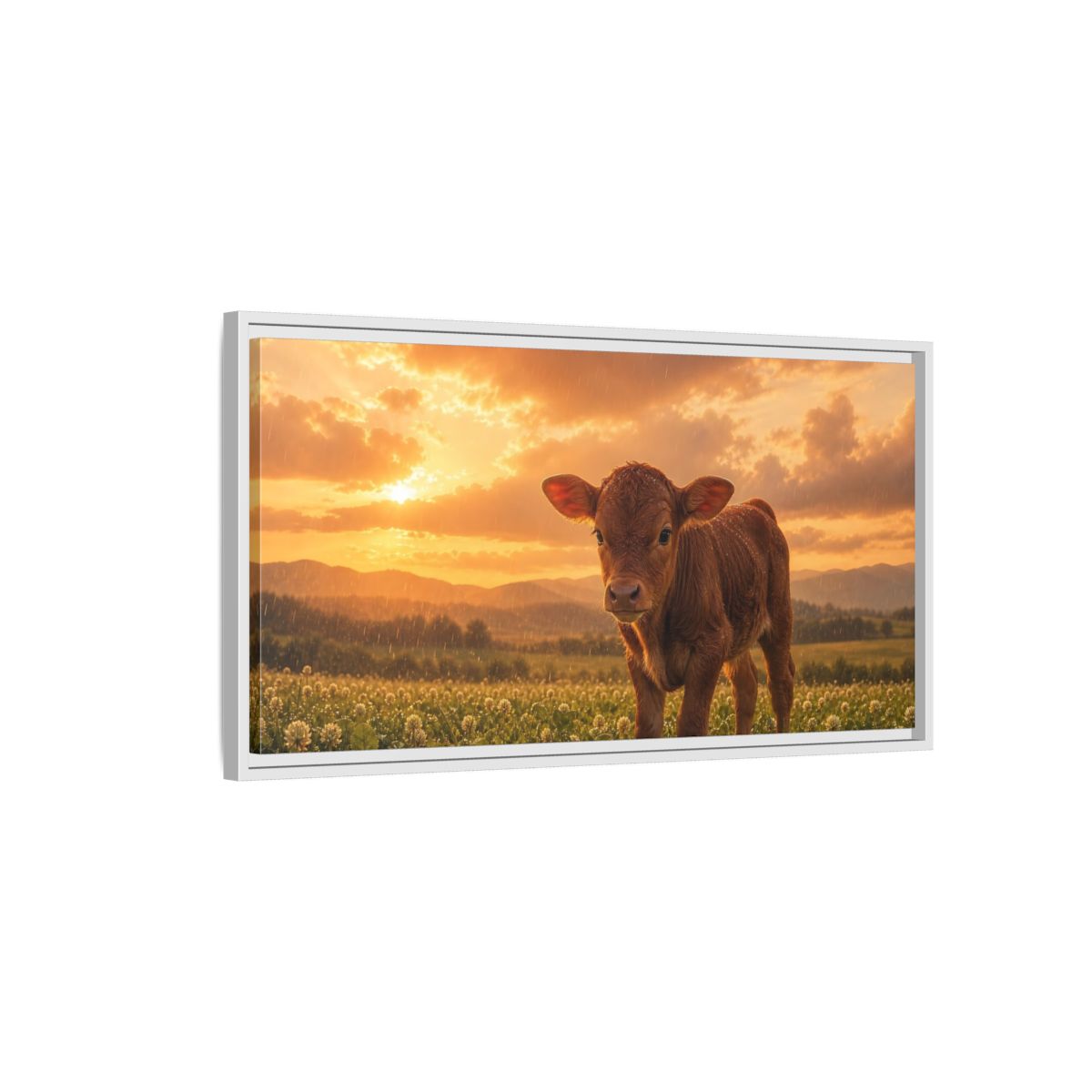 Side Mockup 1. Animals Calf Sunset Calf shown as stretched canvas wall art