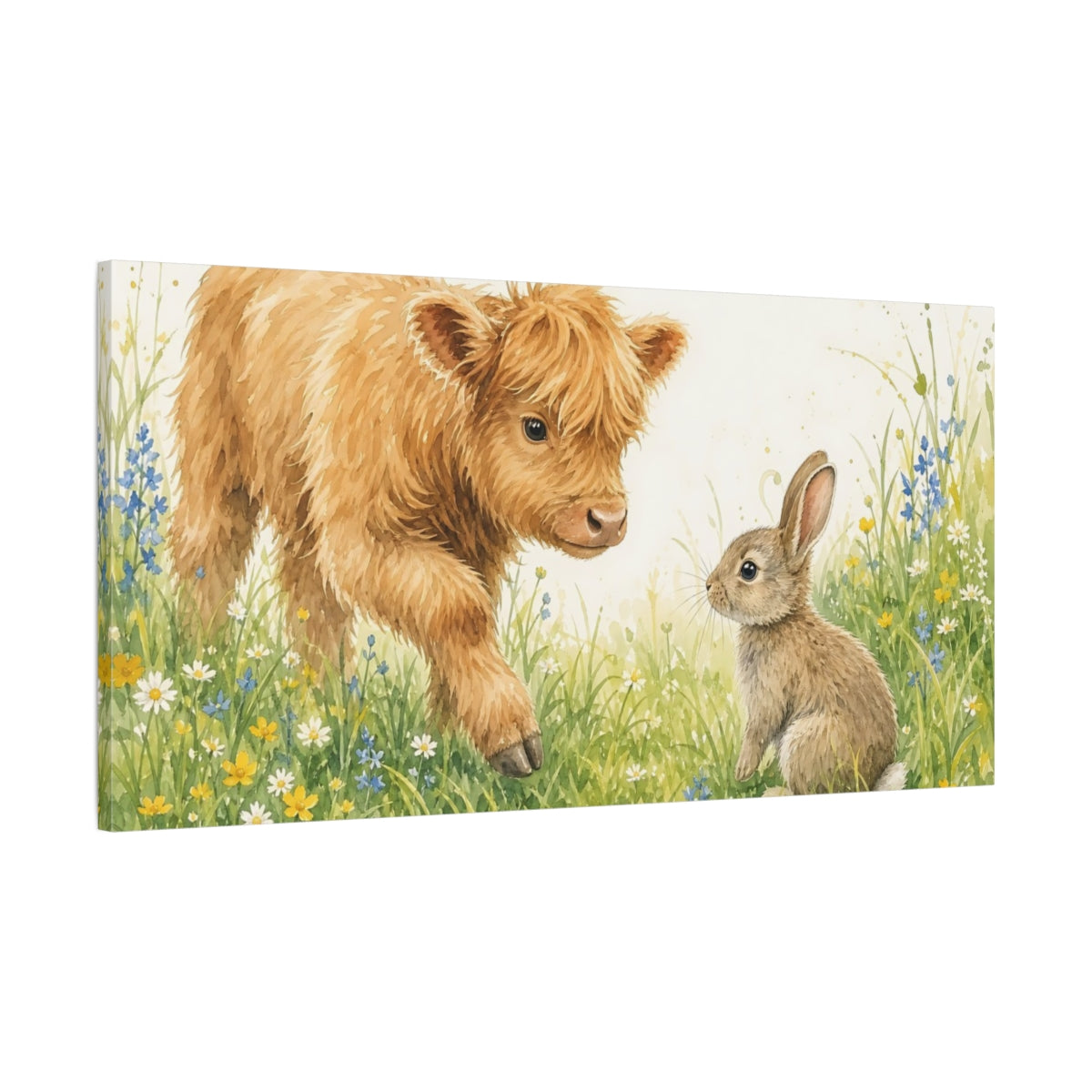 Main Mockup. Animals Calf, Rabbit Cute Animals Meadow shown as stretched canvas wall art