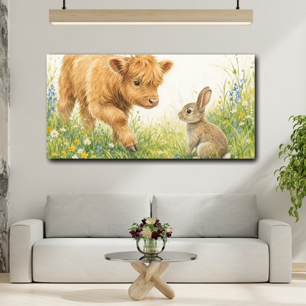 Mockup 2. Animals Calf, Rabbit Cute Animals Meadow shown as stretched canvas wall art