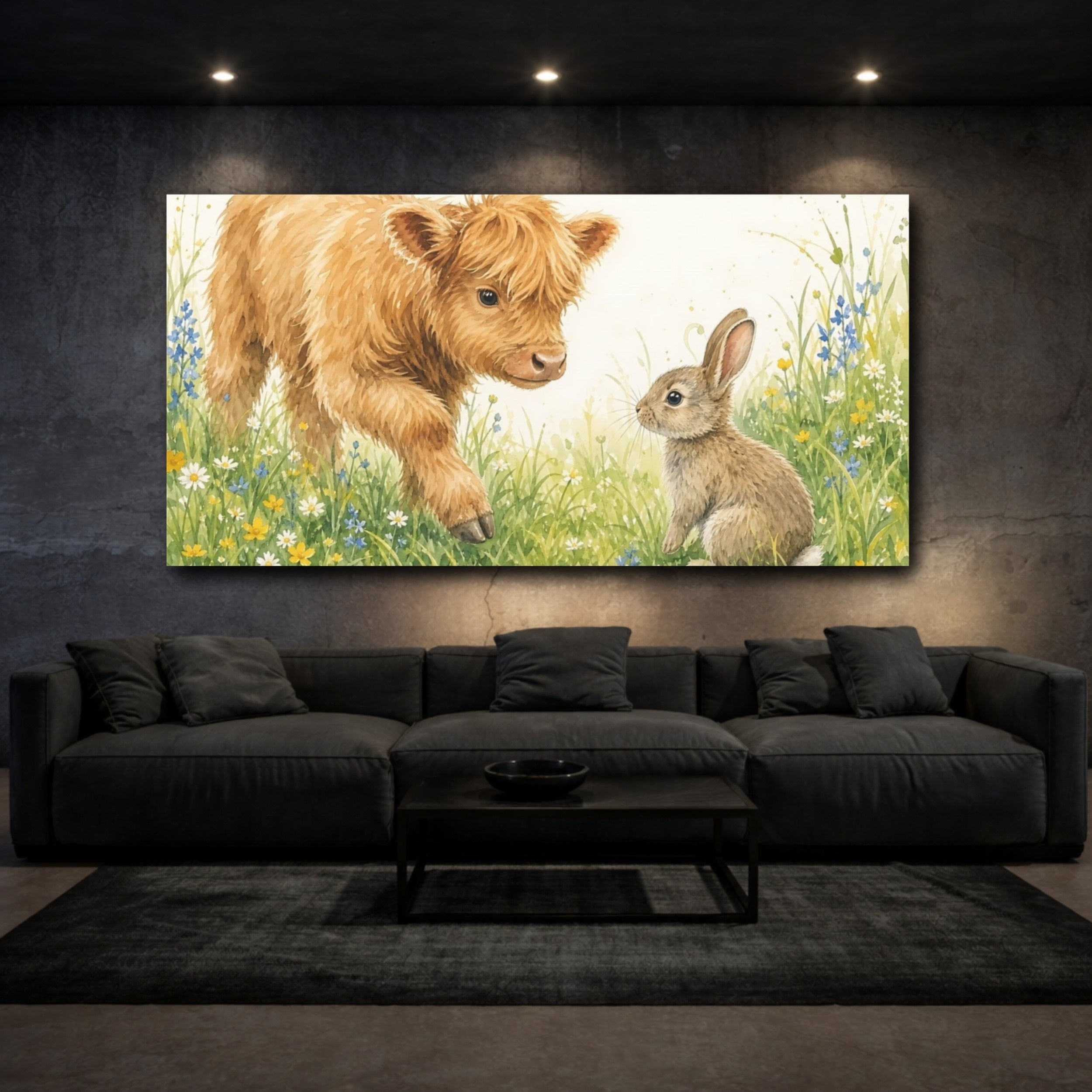 Mockup 3. Animals Calf, Rabbit Cute Animals Meadow shown as stretched canvas wall art