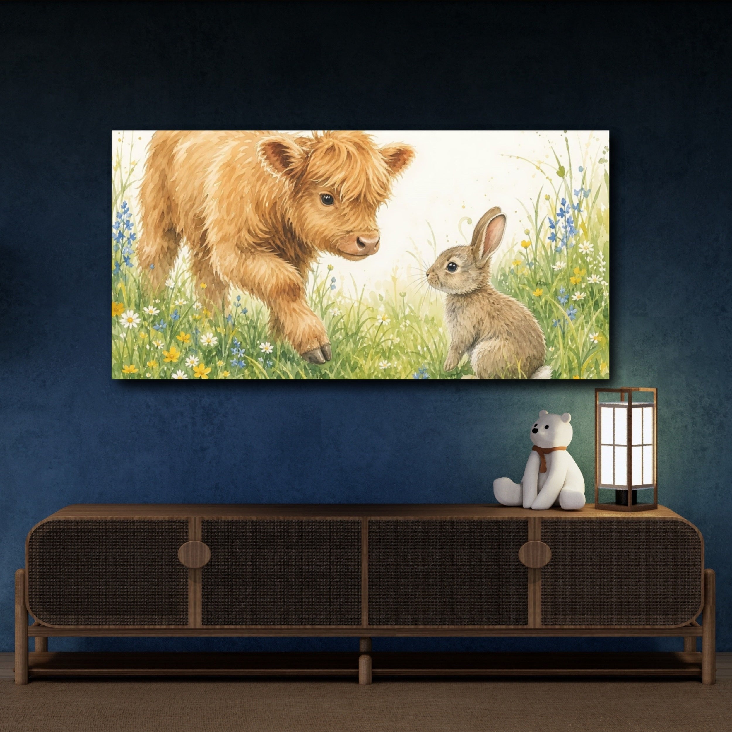 Mockup 4. Animals Calf, Rabbit Cute Animals Meadow shown as stretched canvas wall art