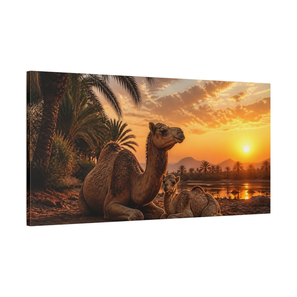 Main Mockup. Animals Camels Brown Camels Sunset shown as stretched canvas wall art