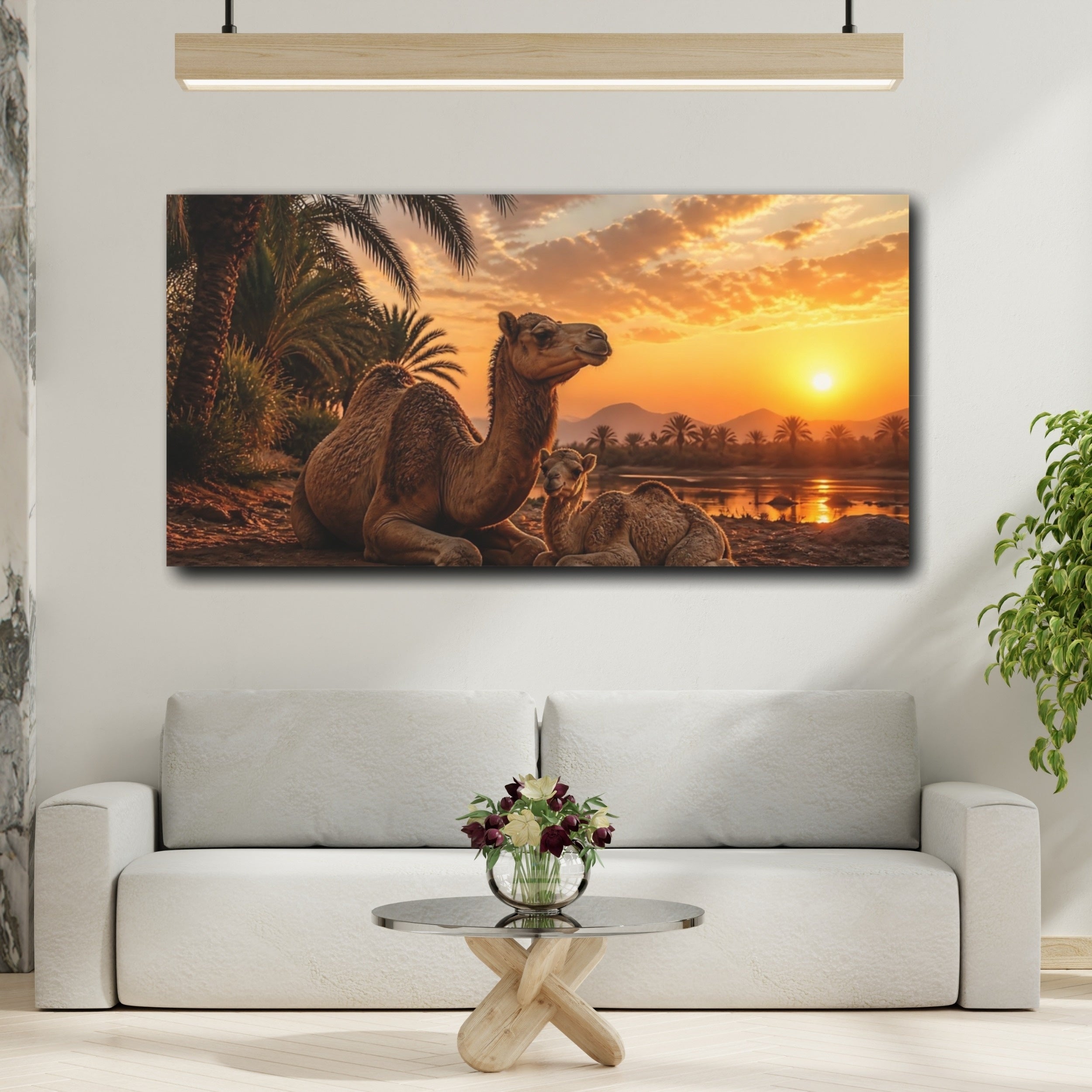 Mockup 2. Animals Camels Brown Camels Sunset shown as stretched canvas wall art