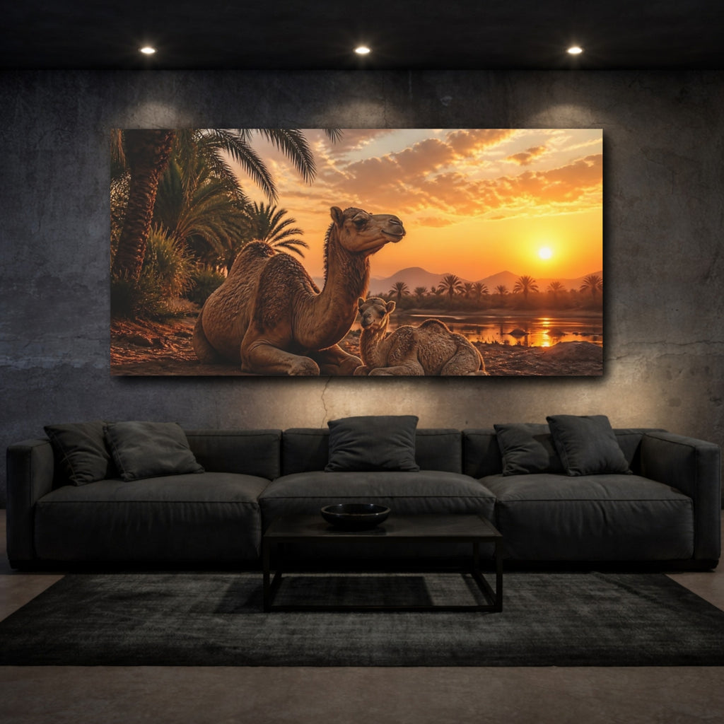 Mockup 3. Animals Camels Brown Camels Sunset shown as stretched canvas wall art
